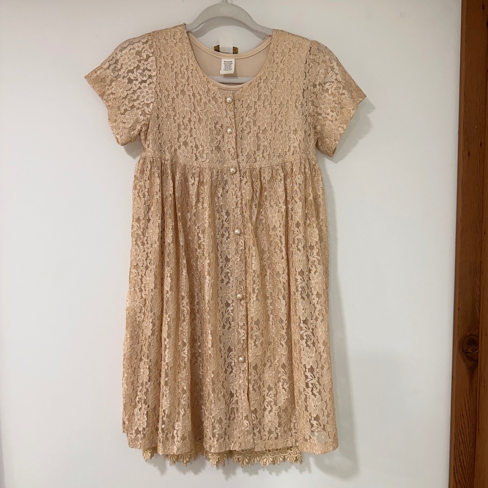 Elena Collection Lace Babydoll Dress Kids 7-8 Beige Pearl Buttons‎ | Cottagecore